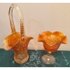 Image 1 : Marigold Carnival Glass Daisy Basket(Imperial Co) & Peacock Compote(Fenton Co)