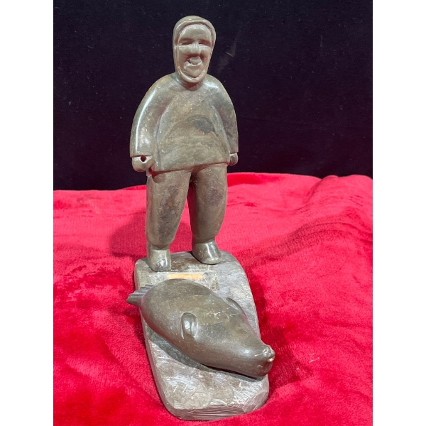 Kimayeaina Seal Hunt Inuit Soapstone Carving 8H