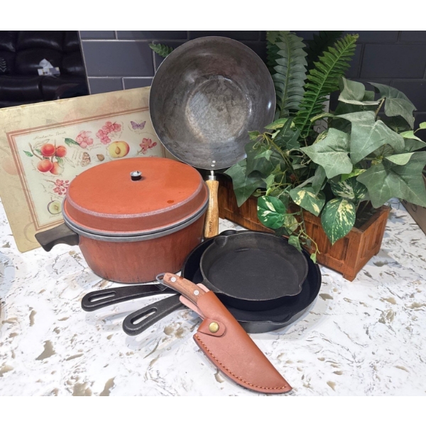 Assorted Cookware - Enamel Dutch Oven Cast iron Skillet Culinary Blades & More