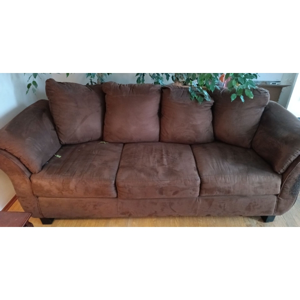 Large Brown Microfiber Three Seater Couch/Sofa ( Some Damage On Corner)