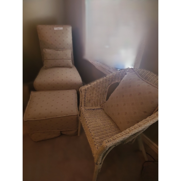 Upholsterd Floral Chair w Ottoman & Pillows & Wicker Chair 23 w 30 1/2 h