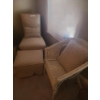 Image 1 : Upholsterd Floral Chair w Ottoman & Pillows & Wicker Chair 23 w 30 1/2 h