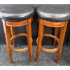 Image 2 : 3 Oak Bar Stools w/ Genuine Leather Upholstery & Decorative Woven Basket 30'Tall