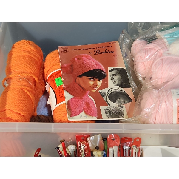 Vintage Knitting Essentials, Including Various Yarns, Pattern Book, Caddy Full Of Knitting Needles