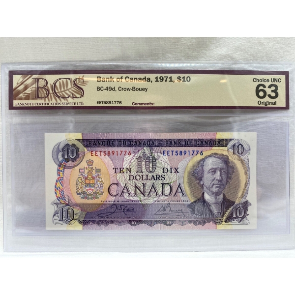 Graded Canadian 1971 $10 Choice UNC Prefix: EET