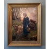 Image 1 :  F. Briggs, 1801, Antique Guernsey Cow & Milkmaid Oil on Canvas  w/ Golden Frame - 38.5x49