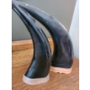 Image 4 : Pair of Beautiful Hand Carved Horns w Bird Designs.  Larger Horn 5 1/2 w, 12 h, 3 1/2 d
