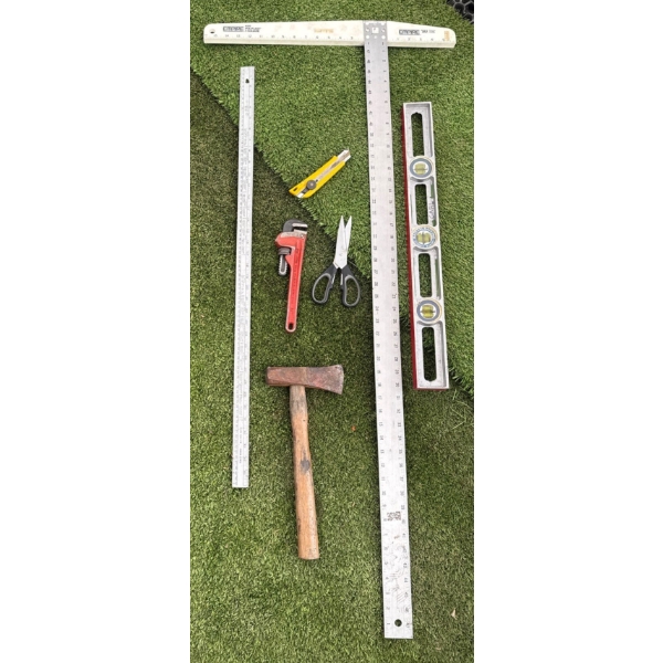 Collection Of Hand Tools & Construction Measuring Devices - Pipe Wrench Mini Sledge & more