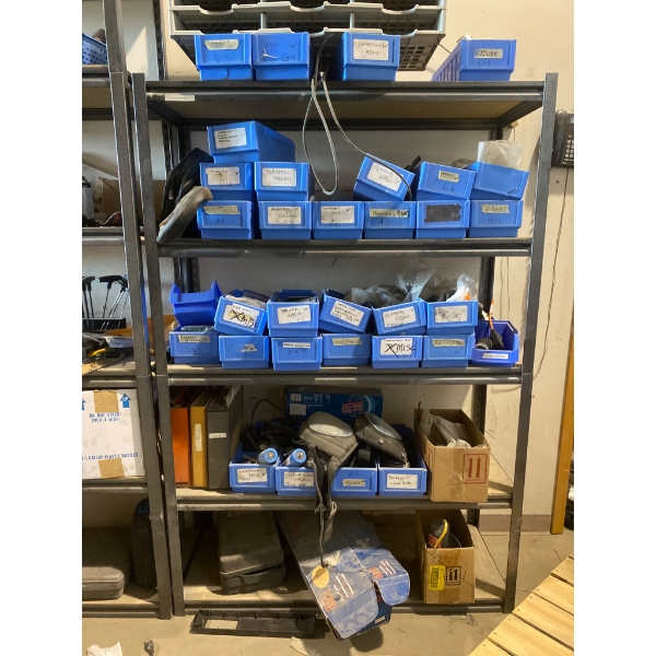 Metal Storage Shelf with Contents of Blue Plastic Bins and Assorted Items