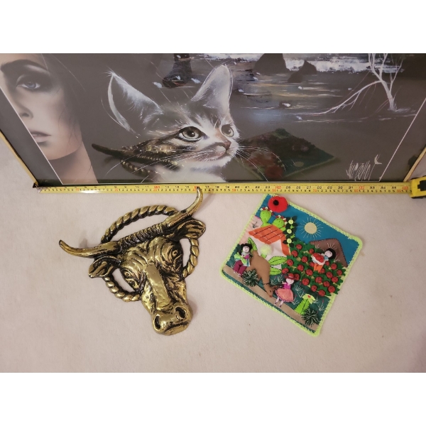 Collection Of Home Decor- Wall Art x 3  Bull, Cat & Human Picture & More