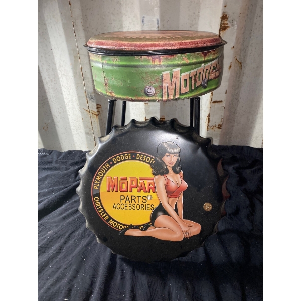 Storage "American Made Motorcycle" Stool and Tin Dodge Sign