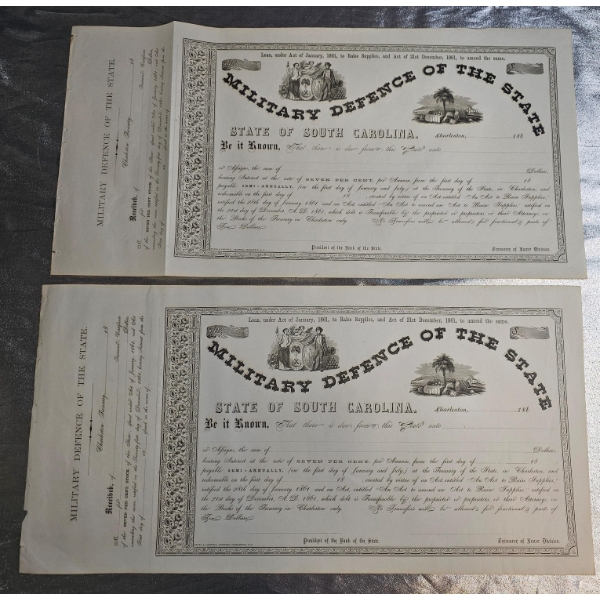 Original 1860s State Of South Carolina Military Defence Bonds. 