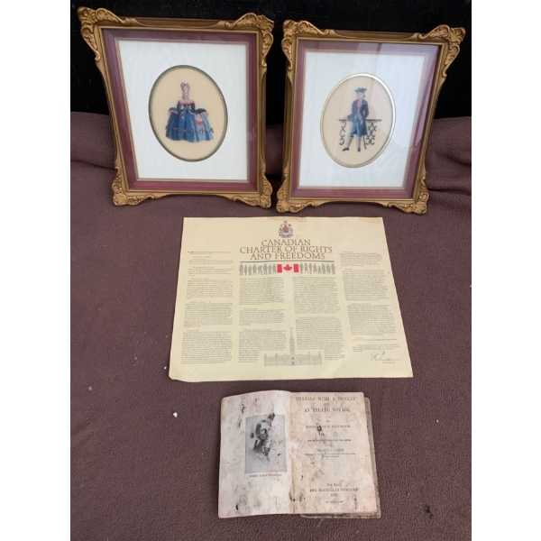 2 Crochet Framed Art Pieces (14x11), Charter of Rights & Freedoms Copy, and Antique Book (1925) 