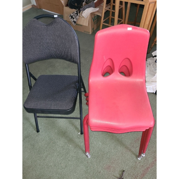 Chairs- Folding Metal Chairs with Cushioned Seats 36 T, 16L, 16 W and Red Plastic x3 with Metal Legs