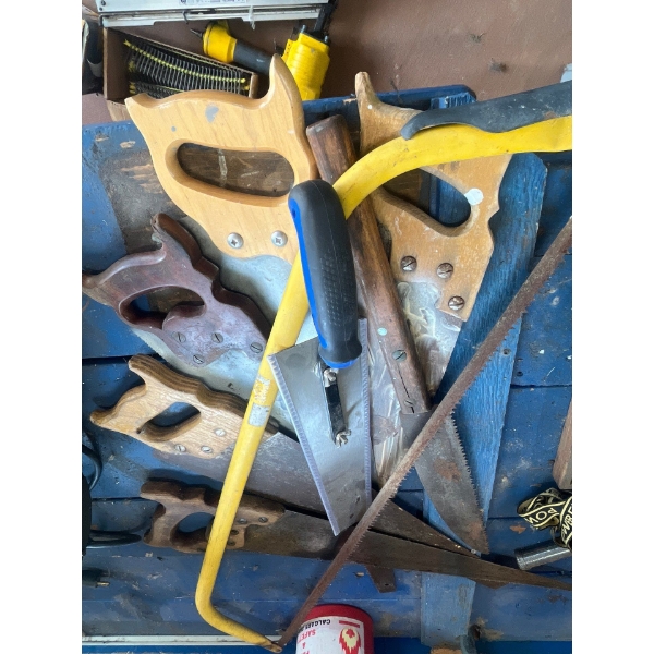 collection of saws, numerous types in sizes