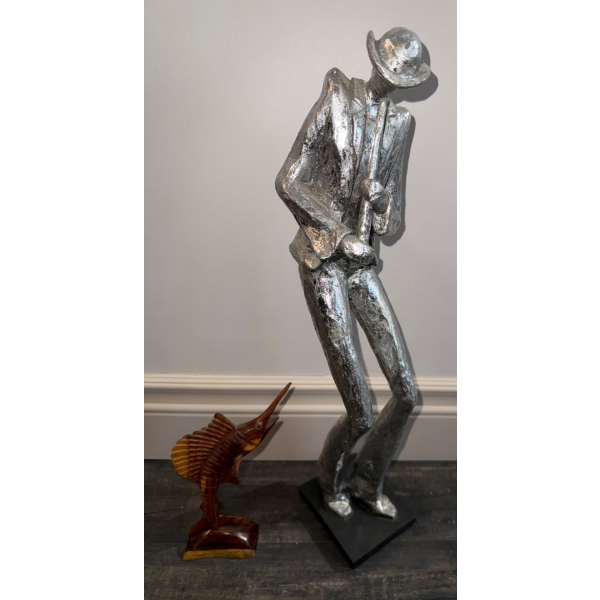 Jazz Man Musician Metallic Sculpture w/ Saxaphone & Wooden Swordfish Carving