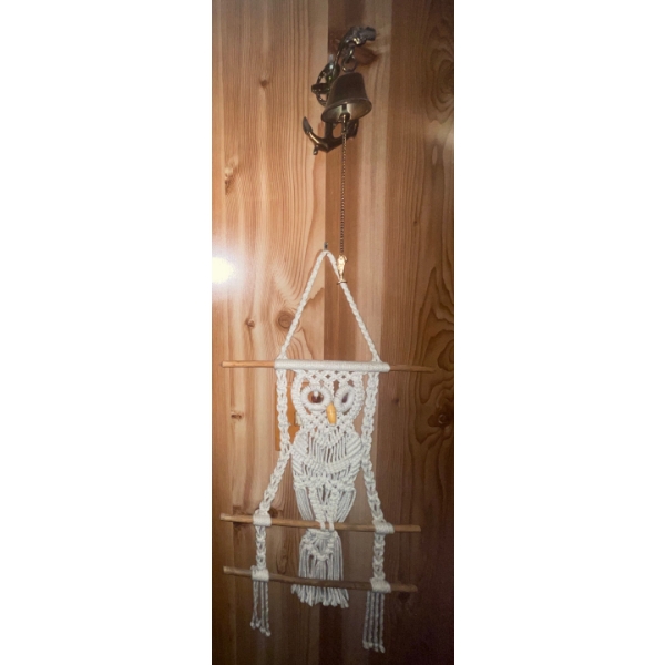 Wall Hanging Captains Bell with Chain String & A Macramé Spun Hanging Owl  34"tall(owl) 
