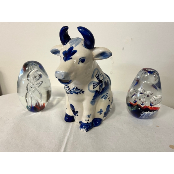  Hand Painted Deleft Blue Holland Porcelain Cow creamer and 2 handmade glass blown decorative eggs