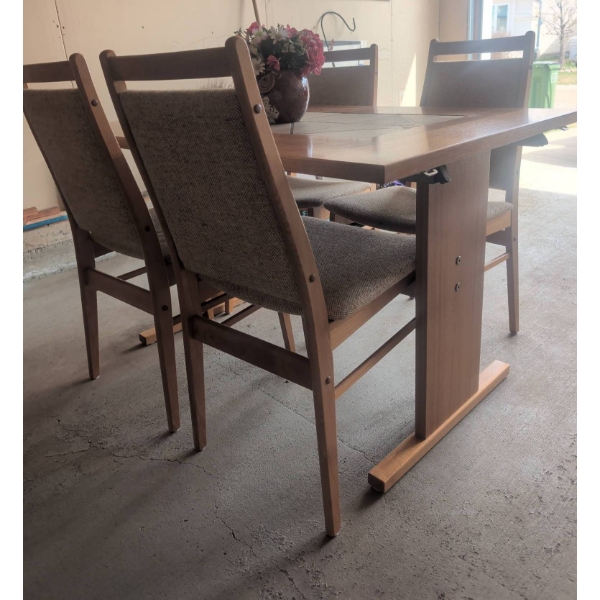 Danish Teak Dining Table with Ceramic Tile Inlays and Four Chairs
