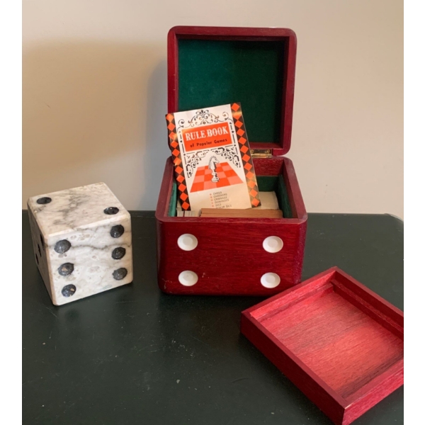 Decorative Stone Die w/ Assorted Card Games in Hand Carved Die Box