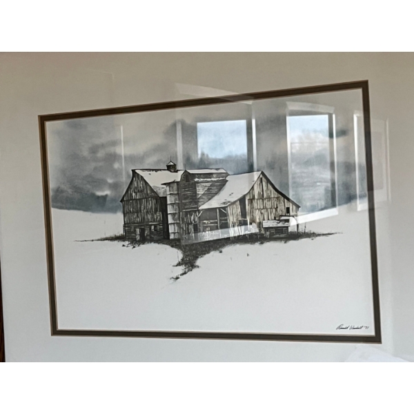  Framed ink and watercolor painting of a barn in a snowy field, signed and dated by Canadian artist 