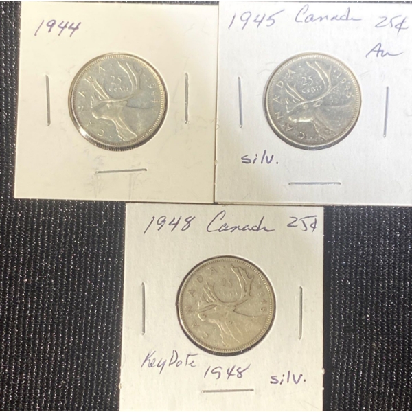 1944, 1945, and 1948 80% Silver Quarters 5.83 Grams Each