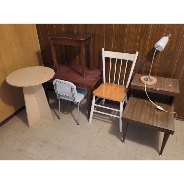 Assortment of Furnishings Including: Wooden Side 29 W, 18 D, 21 T, Other Tables, Chairs, and Light