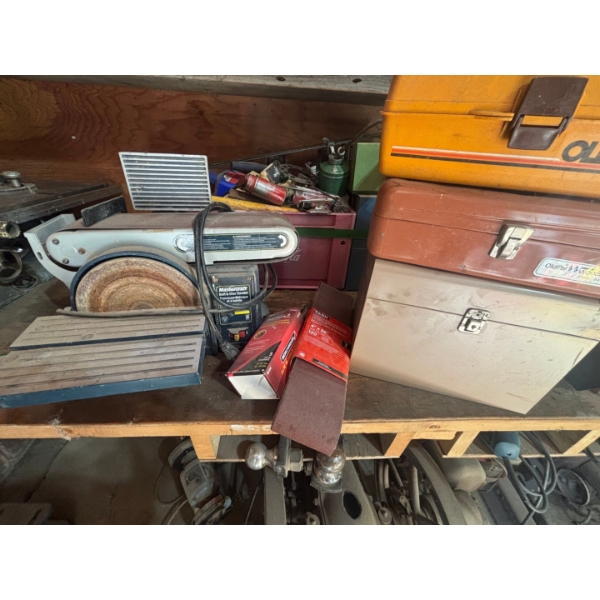 Mastercraft belt and disc sander with extra sanding belts & 3 vintage toolboxes
