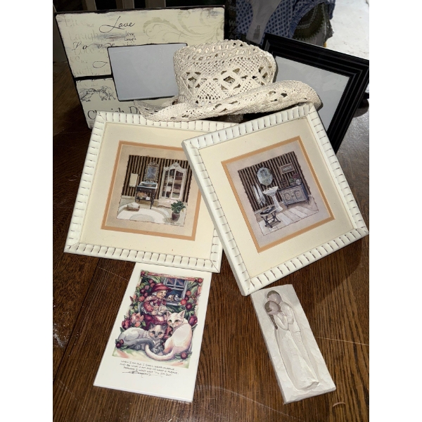 Assortment Of Home Decor w, White Cowgirl Hat- Picture Frames, Pictures ++More Goodies