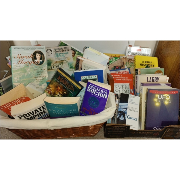 Two Large Stacked Fully Loaded Baskets Of Books For Any Interest  