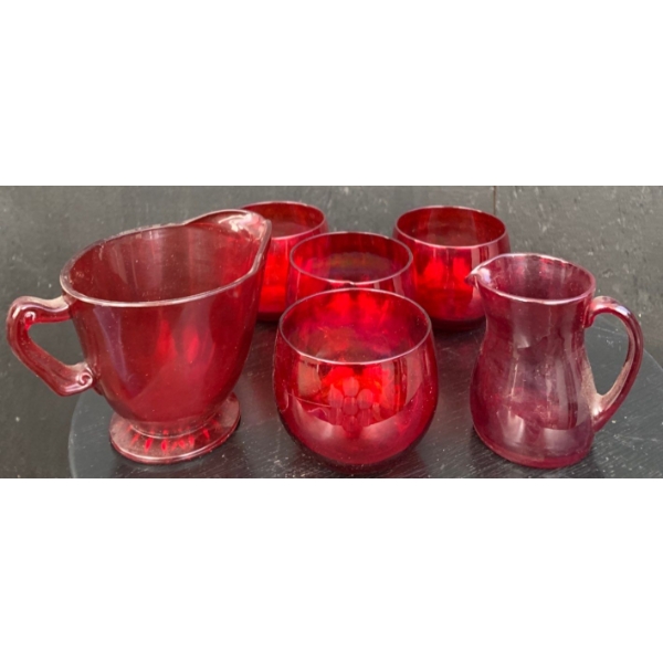 Cranberry Glass: Ruby Red Small Glasses (5), Anchor Hocking Ruby Red Creamer & Ruby Red Creamer 