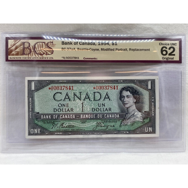 Graded Canadian 1954 Modified Portrait $1 Choice UNC Prefix: *A/A