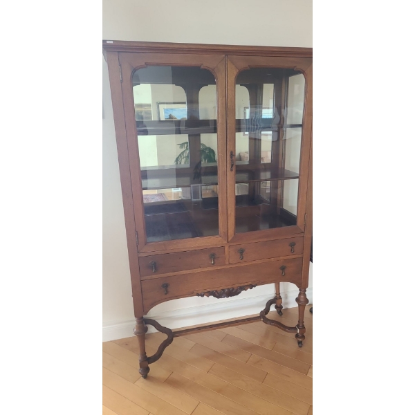 Antique Display Cabinet w/ Glass Shelves 39 W, 16 D, 63 T and Storage Drawers, Key Included 