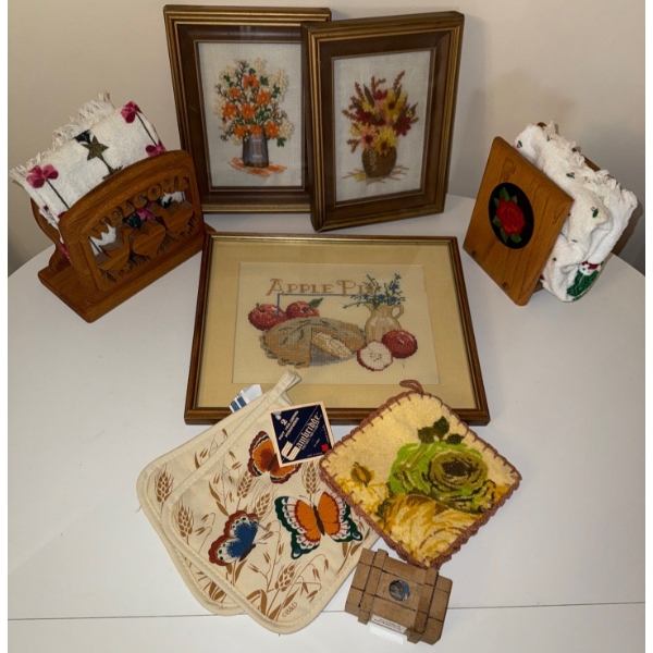 Household Kitchen Bundle- Petite Point Framed , Napkin Holders, Oven Mitts