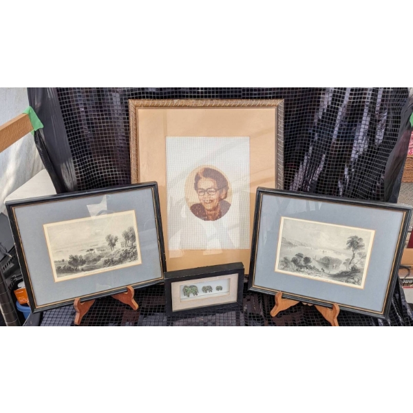Framed Artwork Collection Including Two Lithographic Prints & Cross-Stitch Portrait