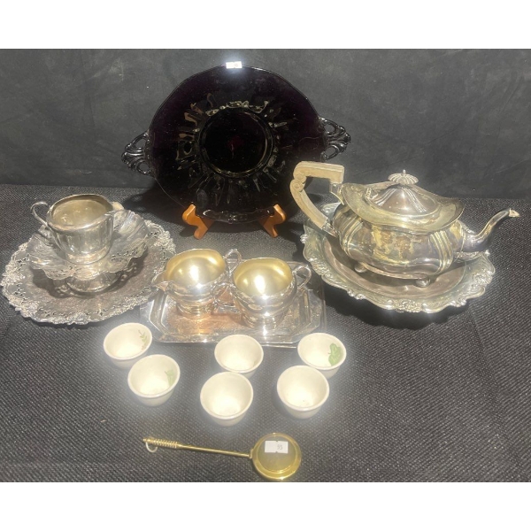 Plum Art Glass Decorative Plate 10T w/ Silver Plated Tea Service & More