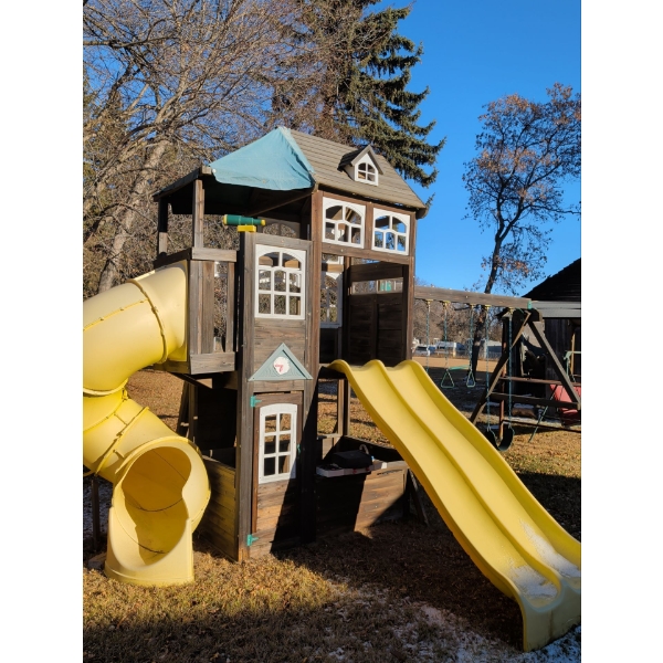 Something For The Kiddos - Outdoor Clubhouse w/ Swing Set Twirly Slide & Climbing Wall