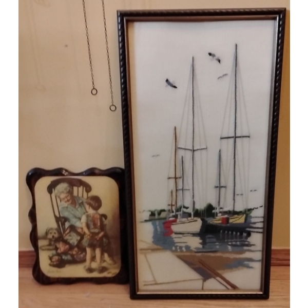 Shabby Chic Wall Decor - Embroidered Sail Boats & Wood Etching Artists Unknown 11x17
