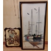 Image 1 : Shabby Chic Wall Decor - Embroidered Sail Boats & Wood Etching Artists Unknown 11x17