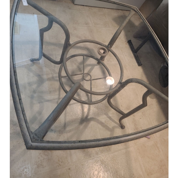 Metal & Glass Table 43 1/2 w 43 1/2 d 28 h, Chairs 26 1/2 w 34 h
