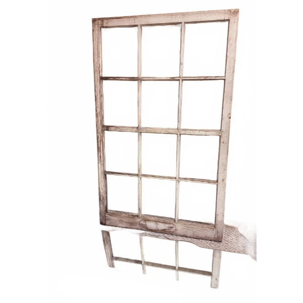 Wood Window Frame with Glass Panes and Shaped Wall Mirror