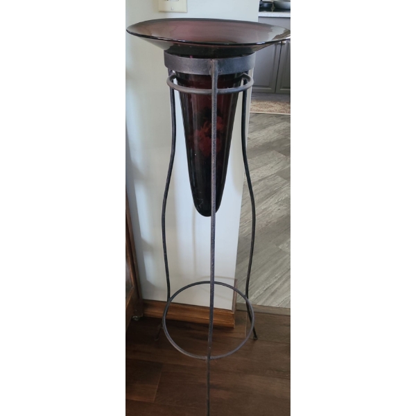 Large Plum Vase w Metal Stand.  12 dia, 46 h