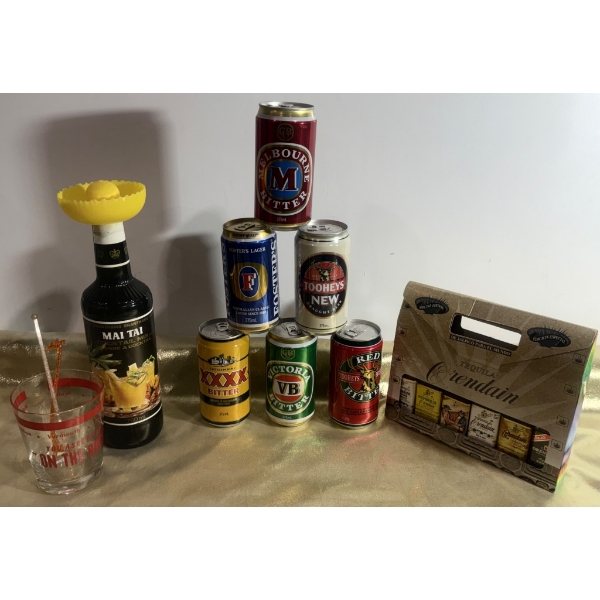 Beer Cans, Tequila Sampler, Mai Tai Mixer, and Stir Stick