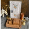 Image 1 : Hand Carved Vanity Set w/ Brass Towel Holder Vintage Linens & More