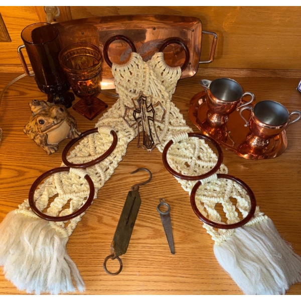 Coppercraft Cream & Sugar Dish w/ Tray Macrame Wall Hangings Antique Scale & More