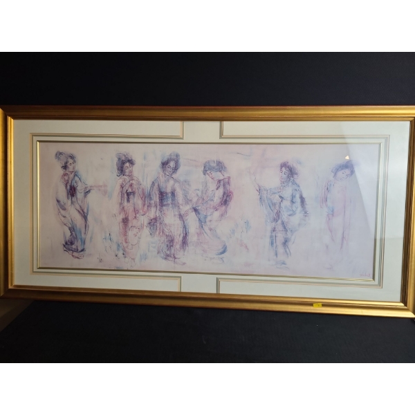 Geisha Print 47 X 22 Signed Hibel, Framed Under Glass