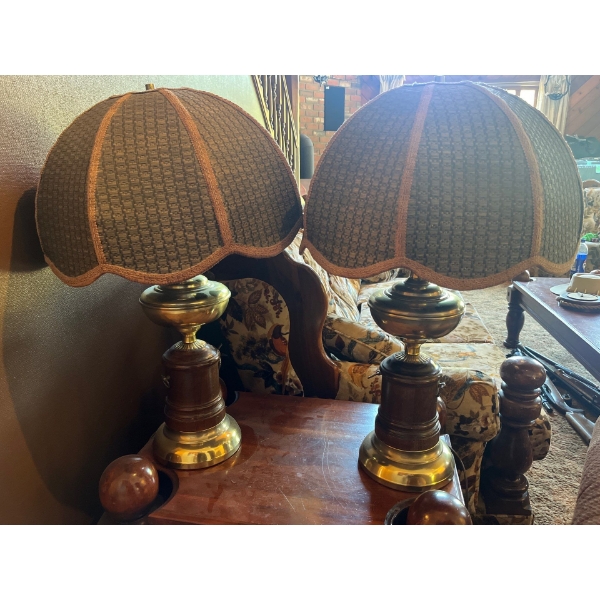 2 Retro Wood & Brass Table lamps With Cool Retro Shades