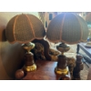 Image 1 : 2 Retro Wood & Brass Table lamps With Cool Retro Shades