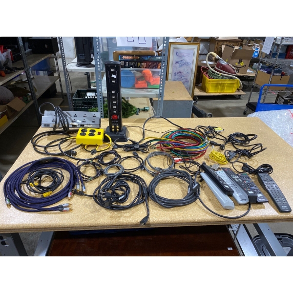 assorted rca cables, hdmi cables, power bars