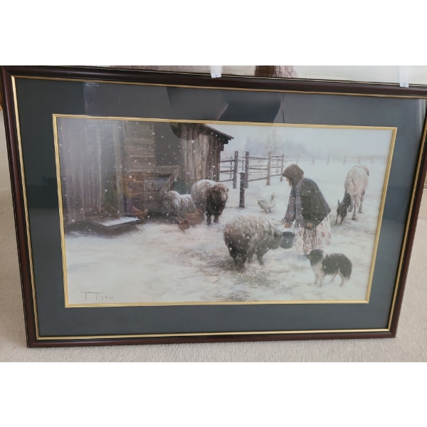 Print of Snowy Farm Feeding, Artist Illegible, Framed Under Glass 38 X 26.5